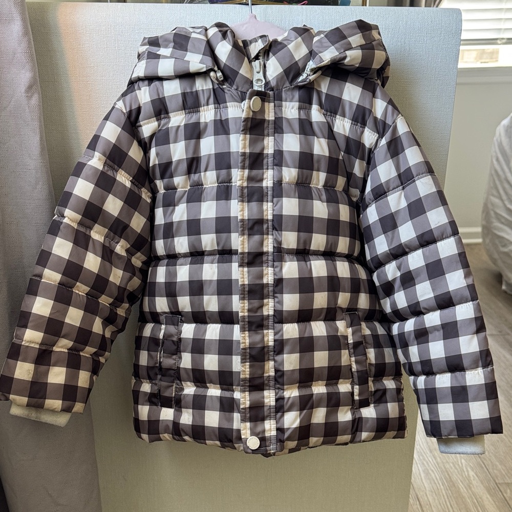 Rylee + Cru Brown and White Checkered Puffer Jacket with Hood